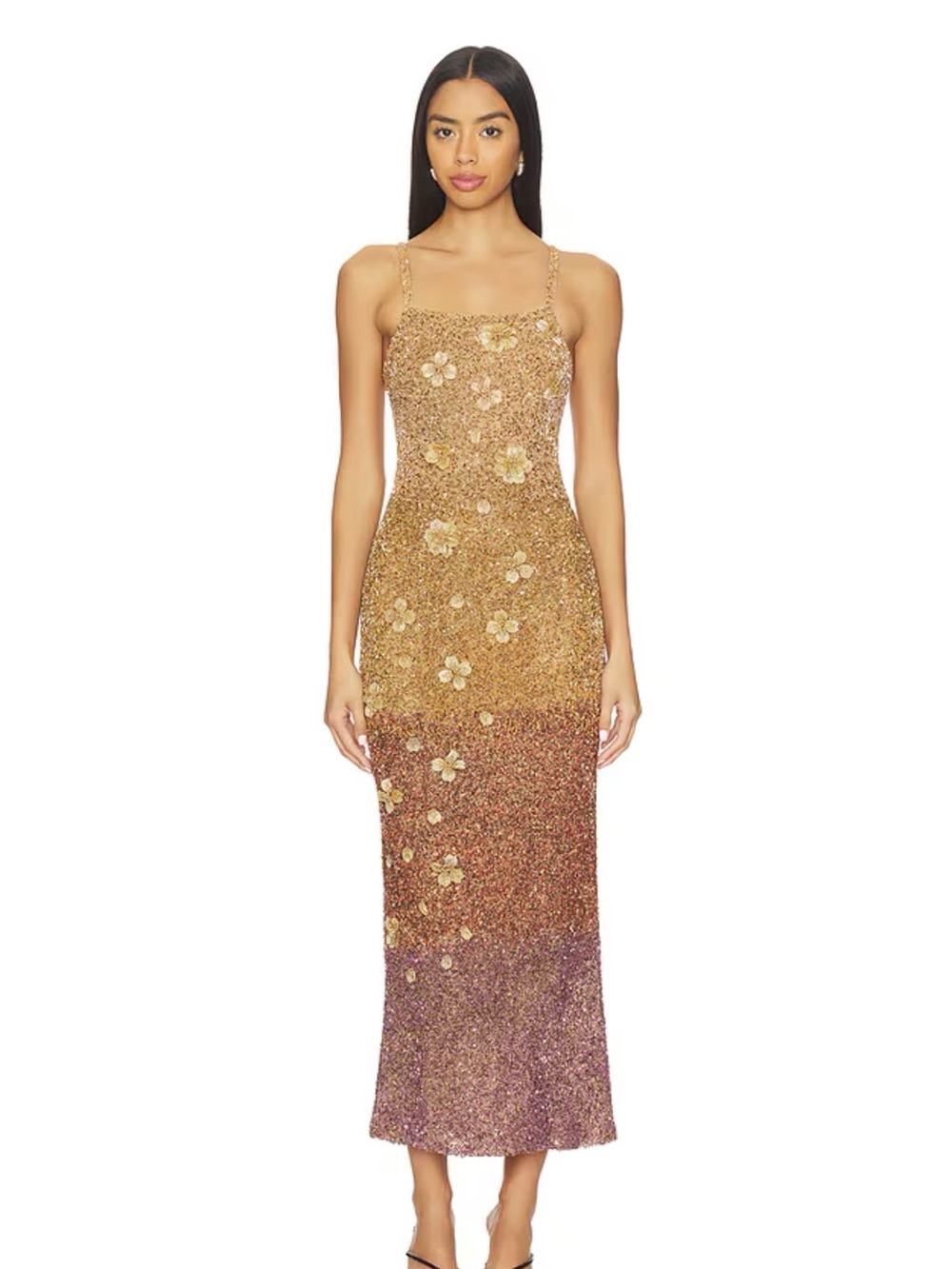 La Fuori Gold Ombre Midi Slip Dress with Floral Appliqué